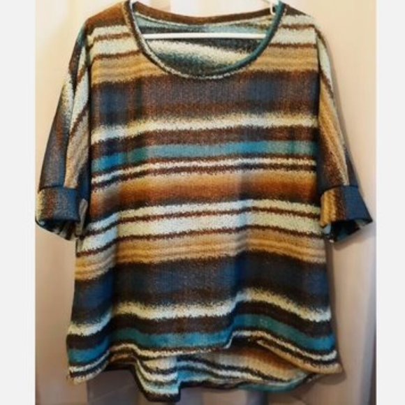 Copper Sheen T-shirt Top Plus 1X Blue Brown Teal Dolman Scoop neck hi-lo blouse - Picture 1 of 9